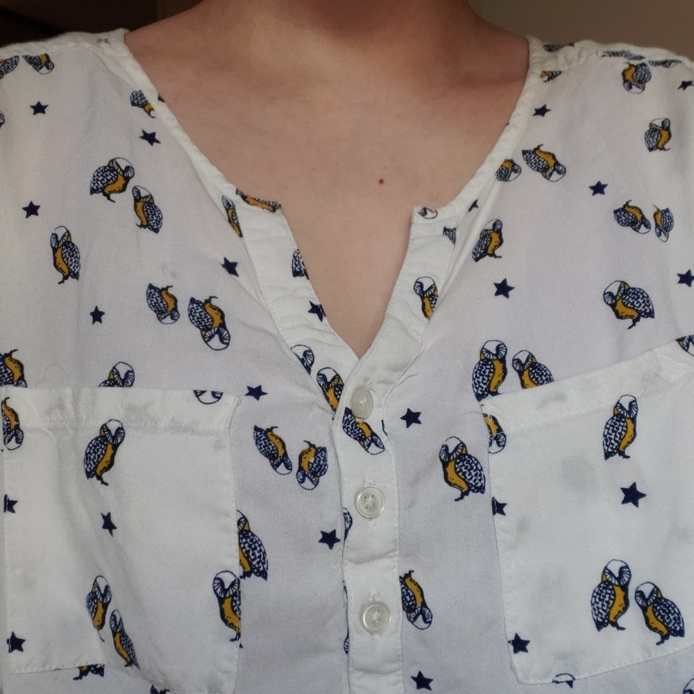 White Flowy Blouse with Owl Print